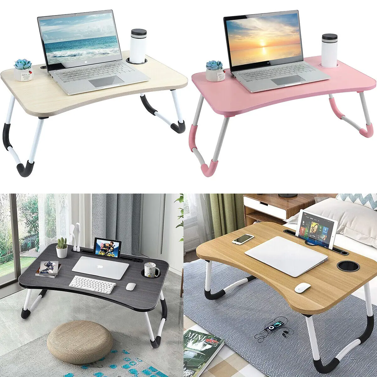 Folding Laptop Bed Table Cup Holder Lap Standing Desk Tray Breakfast Portable