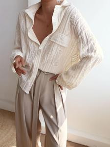 Women's Textured Button Front Blouse, Casual Stretchy Long Sleeve Pocket Shirt Top for All Seasons, Ladies Longsleeves Clothes for Daily Wear