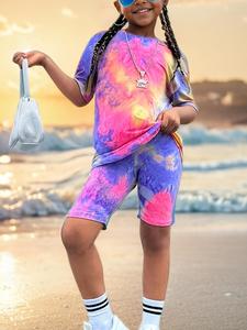 Girl's Tie Dye Print Short Sleeve Tee & Elastic Waist Shorts Set, Casual Round Neck T-shirt & Shorts, Kids Summer Clothes for Daily Wear