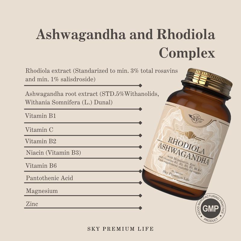 Product Introduction of Rhodiola & Ashwagandha Complex | With Vitamins C, B1-B2-B3-B5-B6, Magnesium & Zinc | 60 Vegan Capsules | Natural Energy, Stress Support & Mental Focus | by Sky Premium Life 3
