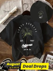 Women's Cartoon Tropical Palm Tree Print Round Neck Tee, Vintage Trendy Casual Short Sleeve T-shirt for Daily Wear, Ladies Summer Tops, Clothing, Shortsleeve Summer Clothes Women, Black Tshirt, Streetwear, Womenswear