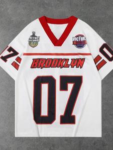 Men's Letter Print V Neck Jersey, Loose Casual Short Sleeve T-shirt for Summer, Men's Top for Daily Wear