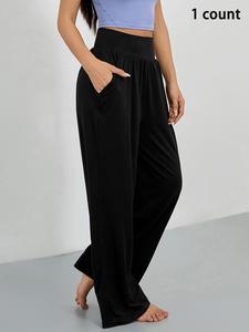 Sporty Women's Solid Color Pocket Joggers, Casual Sport Wide Waistband Trousers for Outdoor Workout Running, Summer Airport Outfit 2024, Ladies Sportswear Lounge Outfit for All Seasons