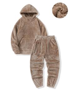 Men's Solid Long Sleeve Hoodie & Pants Plush Set, Casual Warm Pocket Hooded Sweatshirt & Trousers, Men's Fall & Winter Clothes