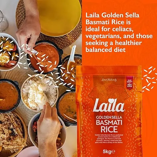 Laila Golden Sella Basmati Rice 5kg Long Grain Easy Cook Pre-Steamed Gluten Free Basmati-Style 3