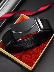 Men's Automatic Buckle Lychee Pattern Pu Leather Belt, Business Casual Waistband for Jeans Trousers, without Box