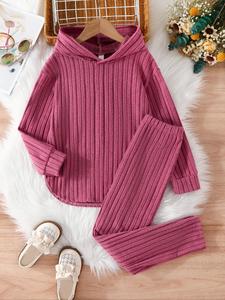 Girl's Thin Solid Rib Knit Pants Set, Casual Drop Shoulder Pullover & Elastic Waist Pants for Daily Outdoor Wear, Girls Outfits for Spring Fall