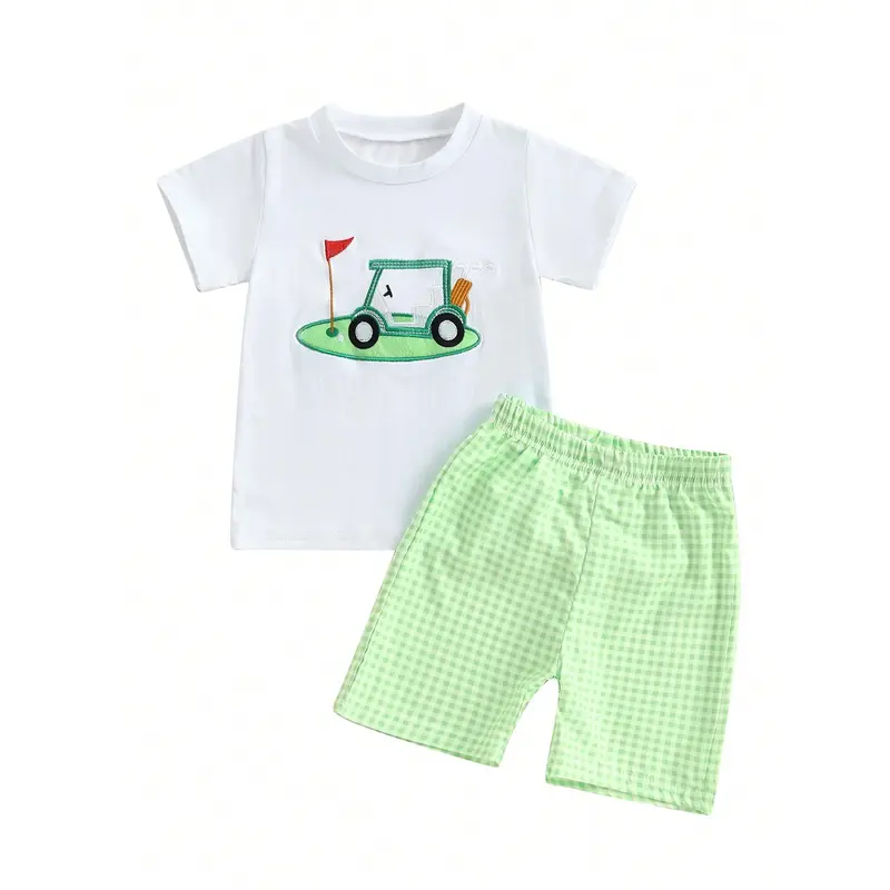 Boys Summer Shorts Sets Short Sleeve O Neck Chick/Golf Court/Cattle Head Embroidery Tops Plaid Shorts Sets 5