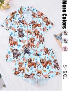 Women's All Over Dog Print Button Front Shirt & Elastic Waist Shorts Pajama Two-piece Set, Casual Comfy Short Sleeve Pocket Lapel Neckline Top & Shorts PJ Set, Ladies Sleepwear for All Seasons, Nightwear Lounge Set
