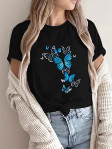 Women's Butterfly Print Round Neck Tee, Casual Short Sleeve Crew Neck T-Shirt for Summer, Fashion Women's Top for Daily Wear