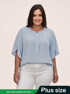 【Plus Size】 Solid Color Blouse, Casual Round Neck Top for Summer, Women's Plus Clothing for Daily Wear