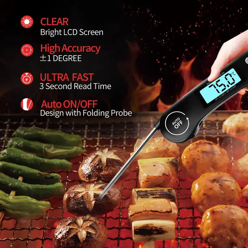 Digital Meat Thermometer with Instant Read, Foldable Probe, LCD Backlight & Auto On/Off – For Cooking & BBQ (All) 1