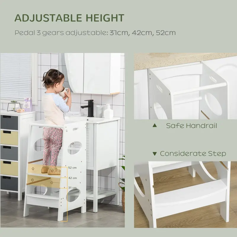 HOMCOM Toddler Step Stool Kids Adjustable Standing Tower with Safety Rail for Kitchen Counter White 3
