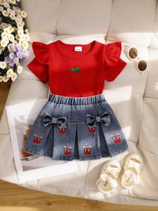 Baby Girl Summer 2-Piece Set Outfit, Cherry Embroidery Sleeveless T-Shirt and Pleated Skirt, Cute Butterfly Knot Design, Comfortable and Stylish