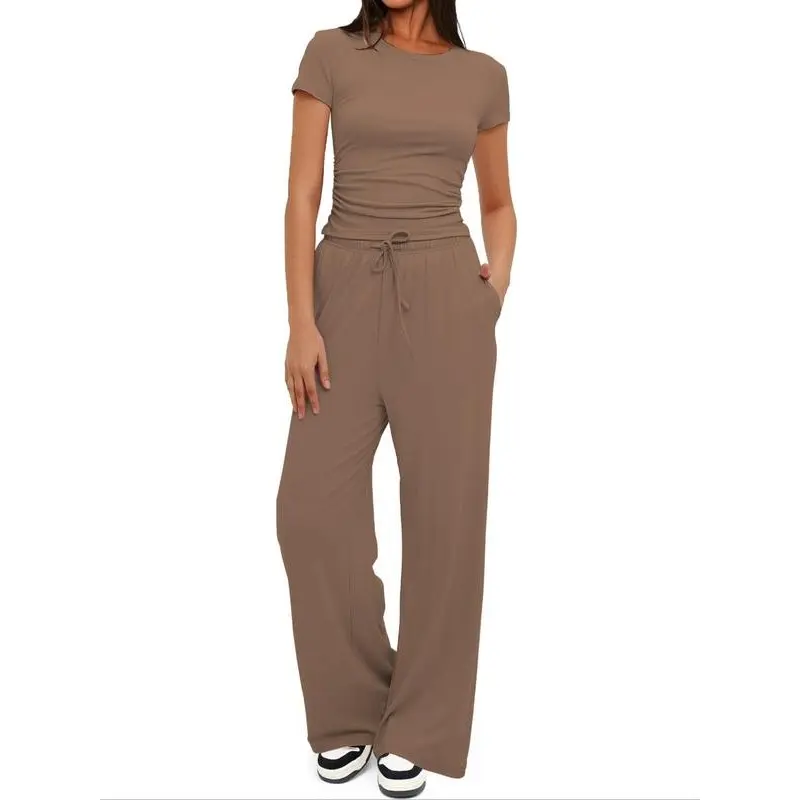 Women's Solid Crop Top & Drawstring Wide Leg Pants Loungewear Two-piece Set, Casual Comfy Round Neck Short Sleeve Top & Trousers PJ Set, Ladies Sleepwear for All Seasons, Pajamas 6