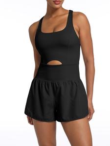Women's Solid Cut Out Square Neck Sports Romper with Removable Chest Pad, Sporty Sleeveless Jumpsuit for Tennis Golf, Ladies Sportswear for All Seasons