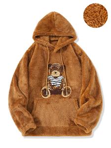 Men's Bear Print Drawstring Pocket Hoodie, Loose Casual Fleece and Thicken Long Sleeve Hooded Sweatshirt for Fall & Winter, Men's Clothes for Daily Wear