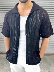 Men's Solid Color Hollow Out Open Front Cardigan, Regular Fit Casual Short Sleeve Knitwear for Summer, Fashion Men's Knit Clothing for Daily Wear, Tops