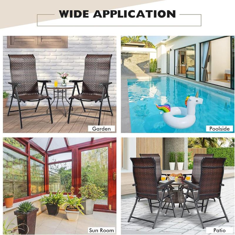 Set of 2 Patio Rattan Folding Chair, 5-Position Adjustable Outdoor Wicker Dining Seat with Widened Armrest,High Backrest and Anti-slip Pads for Garden Picnic Camping (1) 7