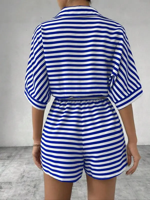 Women's Striped Print Romper, Casual Belted Romper for Summer, Fashion Women's Clothes for Daily Wear 7