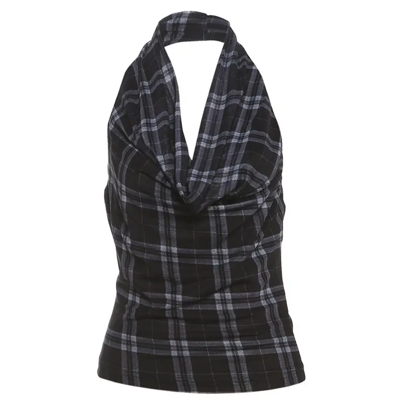European and American style 2025 spring new women's clothing fashionable and simple halter neck backless design plaid sleeveless small vest Womenswear Comfort 5