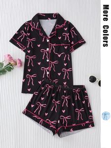Women's All Over Bow Print Lapel Neck Pocket Shirt & Elastic Waist Shorts Pyjama Two-piece Set, Casual Comfy Short Sleeve Top & Shorts Pj Set, Ladies Sleepwear for All Seasons, Pajamas, Womenswear