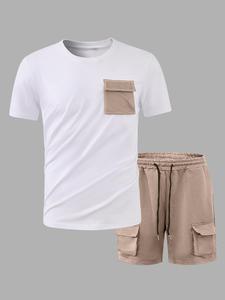 【Plus Size】 Solid Short Sleeve Tee & Pocket Shorts Two-piece Set, Regular Fit Casual Round Neck T-shirt & Track Shorts, Men's Summer Clothes for Daily Wear