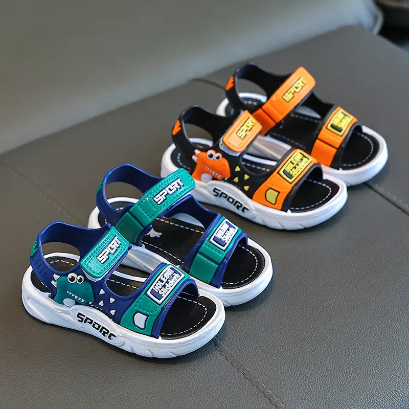 Youngsters' Cartoon Character Summer Sandals with Adjustable Straps - Soft PVC Sole Breathable Beach Shoes for Boys & Girls, Lightweight Outdoor Play Sandals (Dinosaur, Bear, Monster Truck Designs) 1