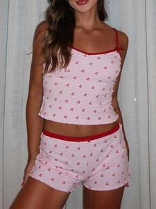 Women's Cherry Print Contrast Binding Pyjama Set, Casual Adjustable Spaghetti Strap Crop Cami Top & Shorts Set, Summer Sleepwear Set for Women