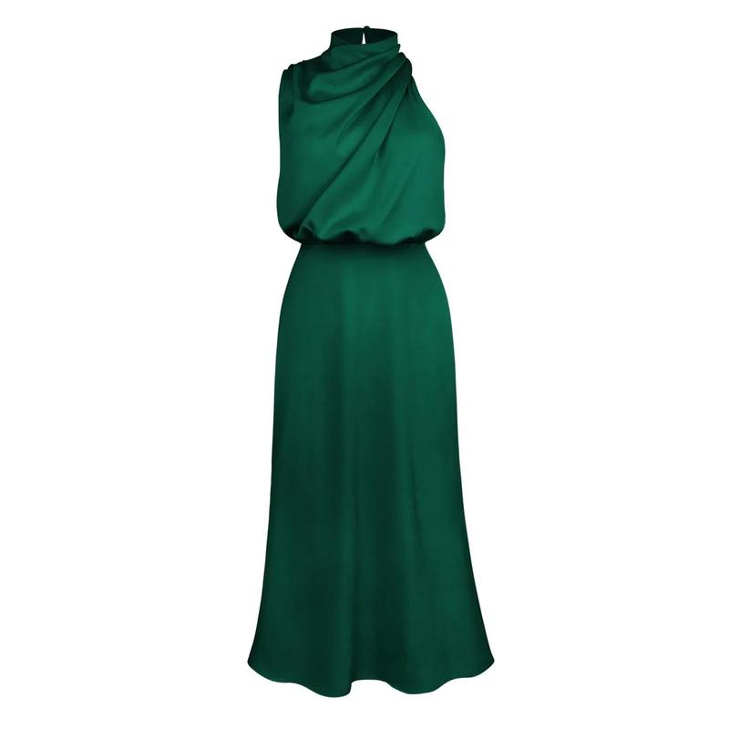 Product Introduction of 2025 Spring/Summer Long Dress for Women High Waist Halter Satin Sleeveless Dress Fashion Elegant Solid Evening Party Dresses 9