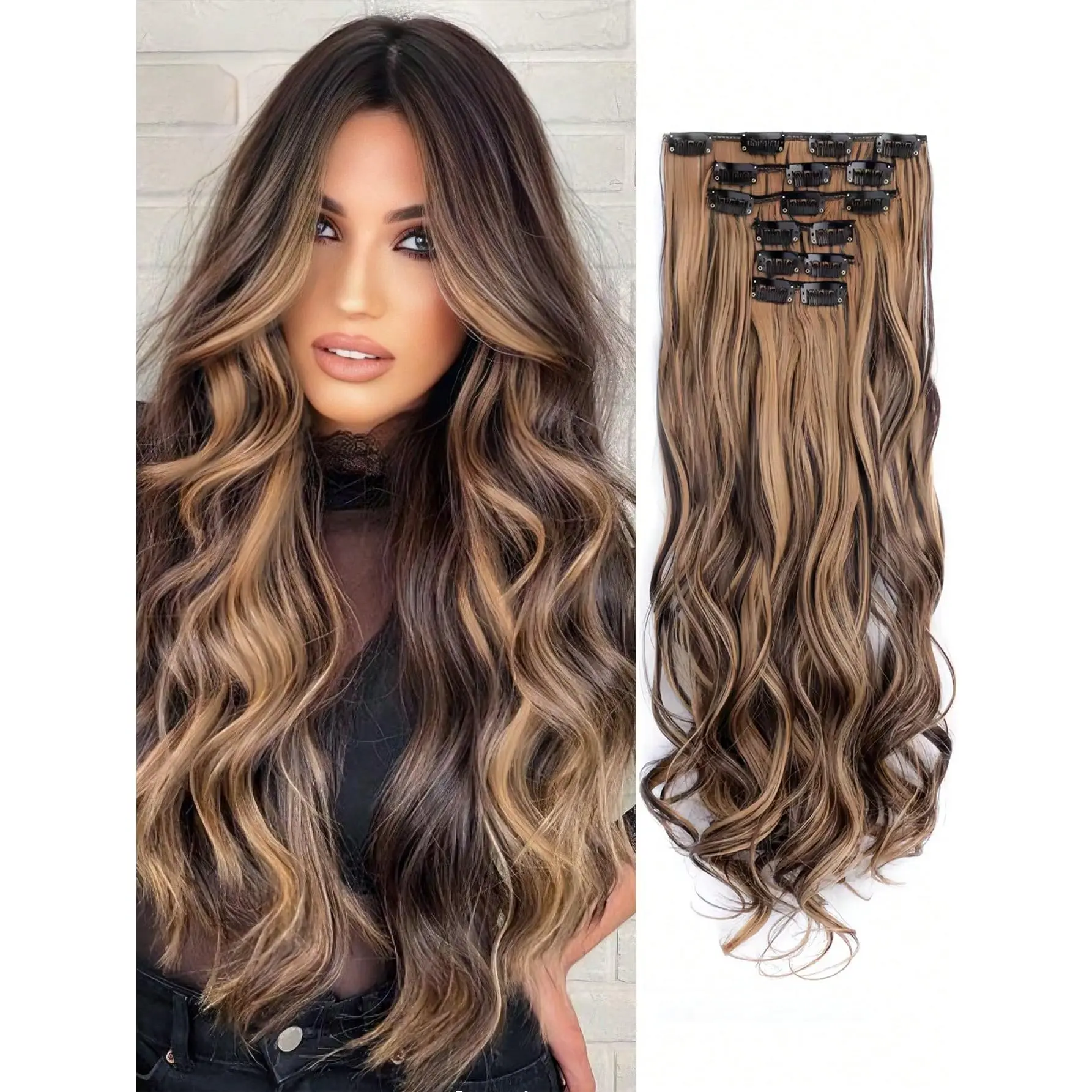 Clip In Hair Extension 20Inch  Long Synthetic Hair Heat Resistant Hairpiece Natural Wavy -Chocolate Brown With Caramel Blonde Highlights Hair Piece