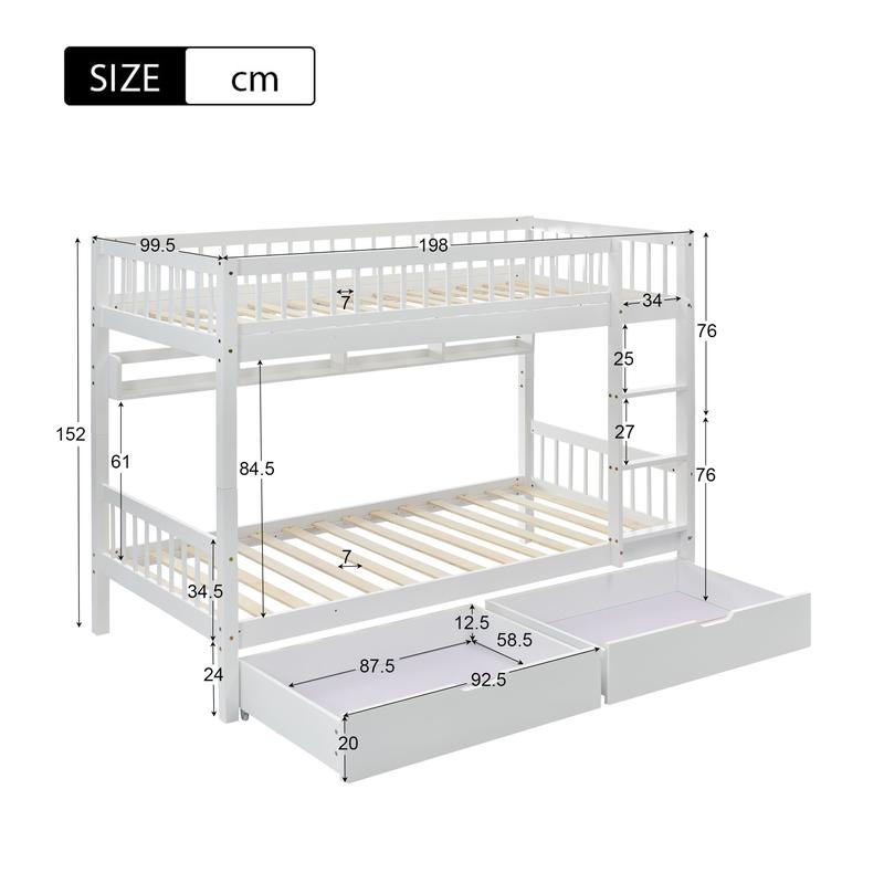 3FT Solid Pine Wood Bunk Bed with Under Bed Slide Drawer Storage and Shelf, White (90x190cm) - Kids Children 8