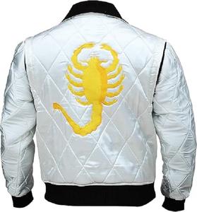 Drive Scorpion Jacket | White Satin Bomber Jacket | Embroidered Varsity Style Baseball Jacket | Retro Lightweight Coat for Streetwear
