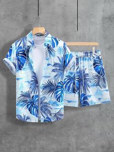 2 Counts Men's Regular Fit Tropical Print Shirt & Drawstring Waist Shorts Set Without Tee, Button Down Short Sleeve Collar Hawaiian Shirt & Shorts,  Men Clothes Set for Summer, Men's Summer Clothes, Menswear, Matching Sets