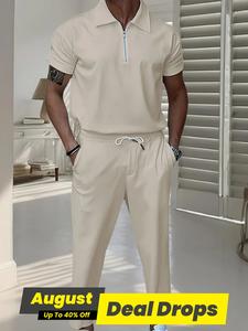 Men's Solid Half Zip Polo Shirt & Pants Sportswear Set, Regular Fit Casual Comfy Breathable Short Sleeve Top & Trousers for Daily Wear, Men's Clothing for All Seasons, Athletic Wear, Athleisure Summer Clothes, Athleisure Street Fit