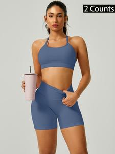 Two-Piece Set Women's Solid Crop Sports Bra & High Waist Shorts Set, Sporty Breathable Comfortable Two-piece for Yoga Gym Workout Running, Ladies Sportswear for Spring