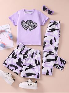 Toddler Girl's Heart Print Short Sleeve Tee & Camo Print Elastic Waist Pants & Shorts Set, Casual Round Neck T-shirt & Trousers & Shorts, Summer Clothes for Kids