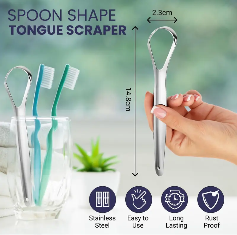 Tongue Scraper RECON UP Pack of 2 Mix U & Spoon Shape Tongue Scraper for Adults 100% Stainless Steel, Tongue Cleaner Fresh Breath Care Scraper, Tounge Scraper Bacteria Inhibiting Non-Synthetic Grip Tongue Cleaning 4