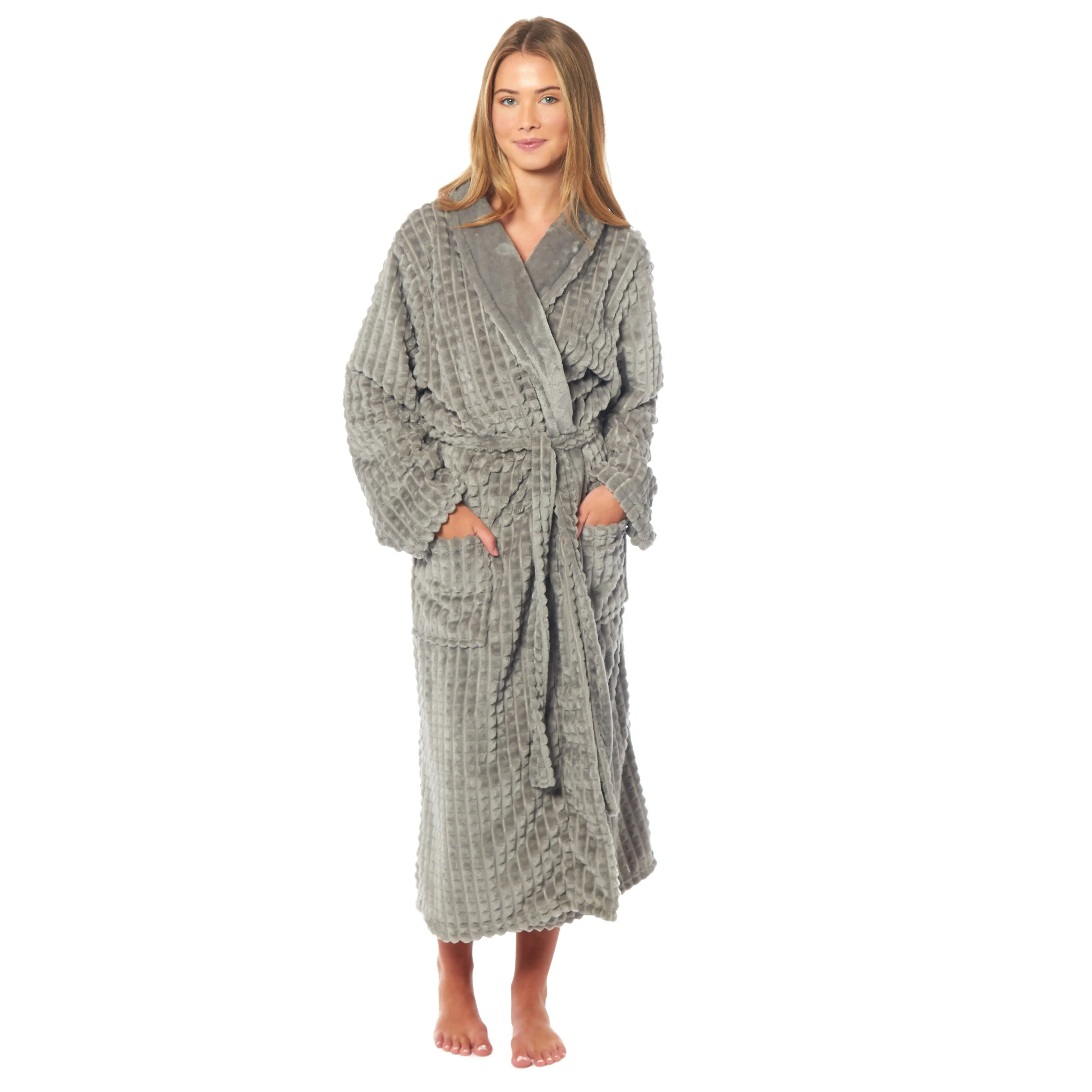 Women's Luxury  Waffle Fleece Robe Soft Warm Long Dressing Gown with Belt and Pockets Loungewear by Daisy Dreamer