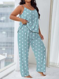 【plus Size】 Polka Dot Print Cami Top & Wide Leg Pants Pajama Two-piece Set, Casual Comfy Top & Trousers Pj Set, Women's Sleepwear for All Seasons, Soft Stretchy Homewear, Loungewear Pyjamas