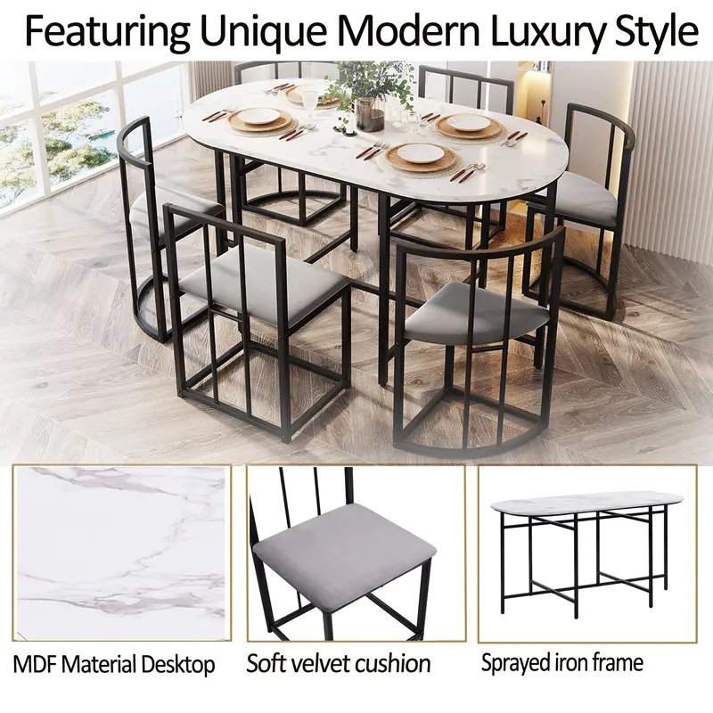 Six-chair dining table set: (White table, chairs with backrests and gray cushions, black iron frame), dining room table and chair set, modern dining table combination 2