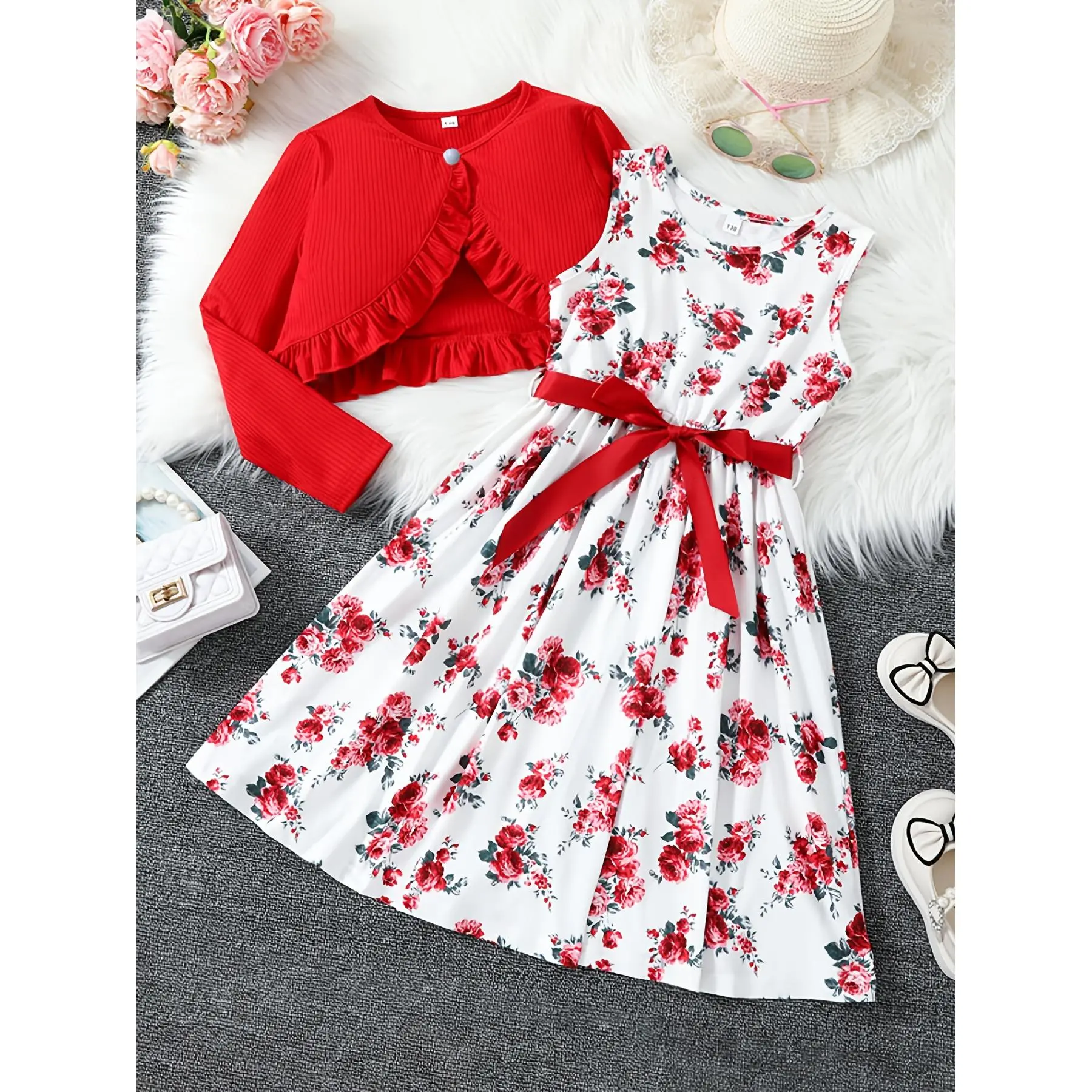 2pcs Spring & Summer Dress Set for Little Girls - Floral Print Dress with Ruffle Hem & Bow Detail, Casual Long Sleeve Top & Sleeveless Dress, Perfect for Everyday & Casual Occasions, Casual Dress Set|Floral Print Dress|Polyester Fabric, Little Girl Dresse