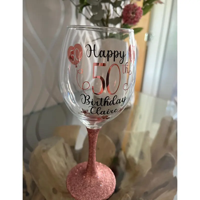 Personalised Glitter Birthday Glass Balloon design - 18th, 21st, 30th, 40th, 50th - Lit Wine Bottle Gin Wine - Rose Gold and many other colours available - Stylish, Drinkware 5