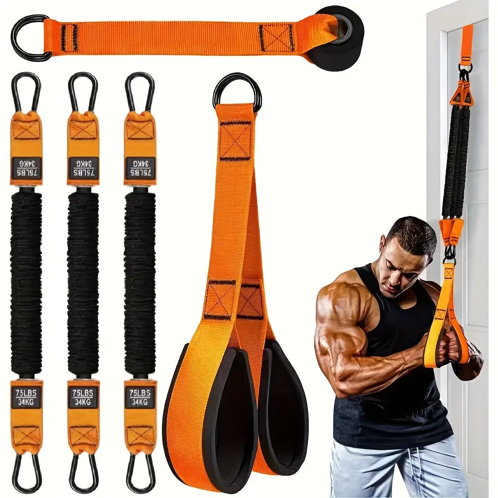 Heavy-Duty Adjustable 225 Pounds Weight Capacity Latex Resistance Training Equipment - A Set of 5pcs, Including 1 Handle, 1 Door Anchor, And 3 Latex Resistance Bands - Suitable for Tricep Pushdowns, Face Pulls, Bicep Curls