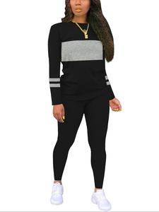 Two-piece Set Women's Colorblock Round Neck Tee & Plain Skinny Pants, Casual Long Sleeve T-shirt & Trousers for Fall & Winter, Women's Clothes for Daily Wear