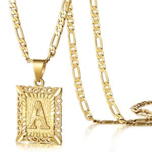 KissYan Initial Letter Pendant Necklace for Men Womens, 14K Gold Plated Square Capital Monogram Necklace Alhpabets from A-Z Figaro Chain Necklace