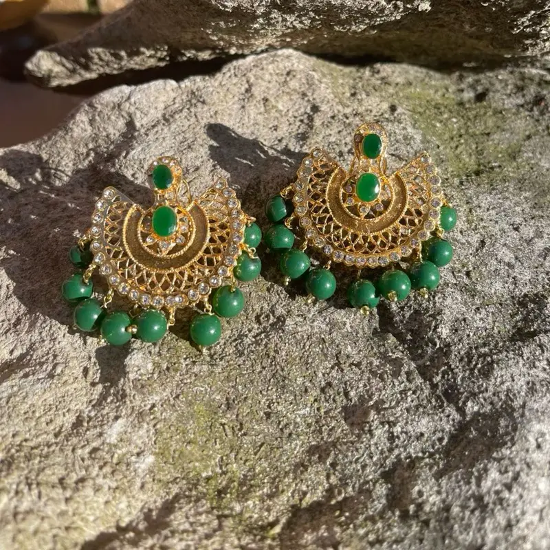 Stunning Green and Gold Indian/Pakistani Party Earrings for Women - Traditional Design 3