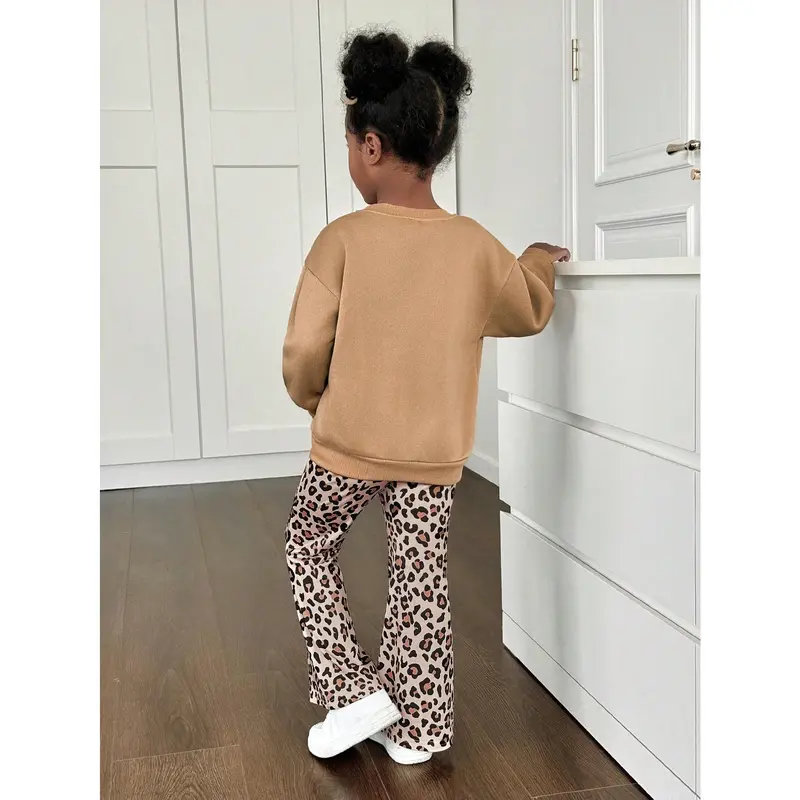 2pcs/Set Young Girl Solid Color Round Neck 3D Leopard Print Bow Knitted Sweater Top With Leopard Print Knitted Pants 1