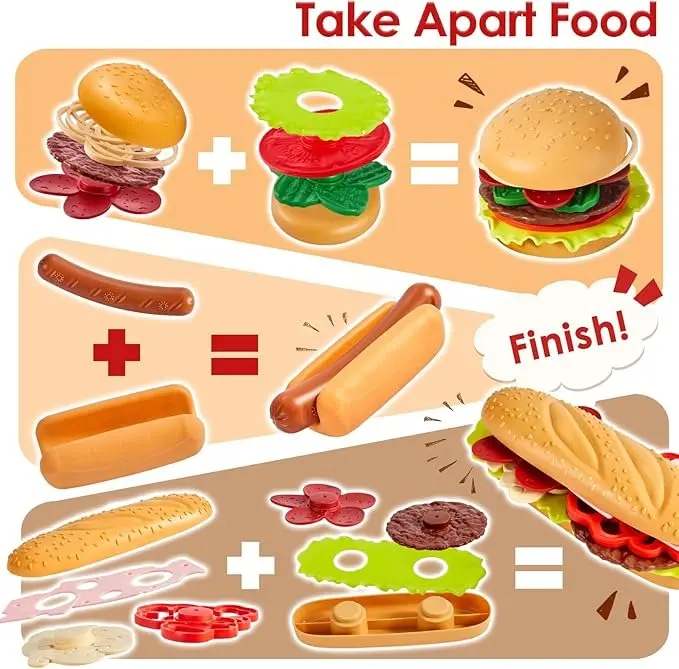 Pretend Play Food Sets for Children Kitchen, Plastic Take Apart Toys Hamburger Fast Food Playset Kids Kitchen Accessories Role Play Toys for 3 4 5 Years Old Kids Boys Girls 5
