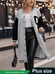 Plus Size Colorblock Letter Print Button Front Midi Varsity Jacket, Casual Comfort Contrast Binding Long Sleeve Baseball Collar Coat for Daily Wear, Womenswear， Jackets for Women